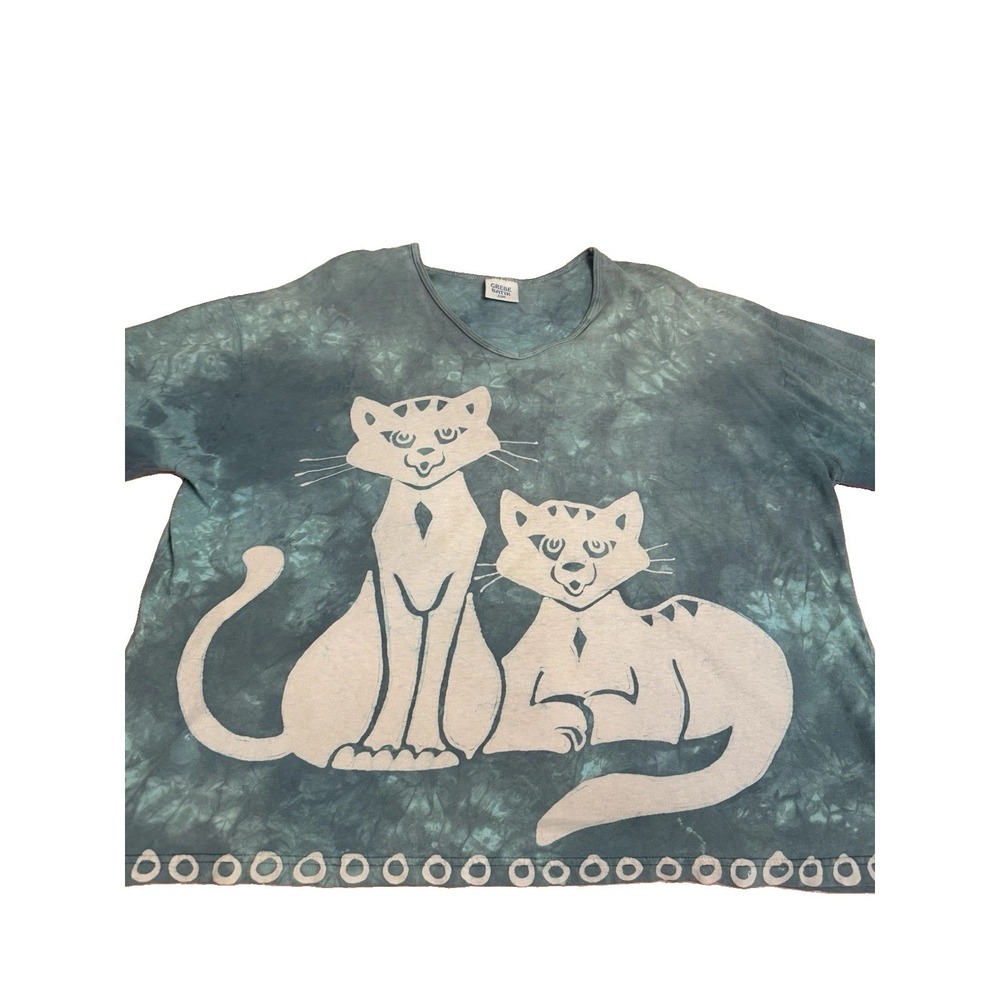 Grebe Batik Cats Love Mice T-Shirt Size 2X 3X Art To Wear 2 Side Hippie Boho USA